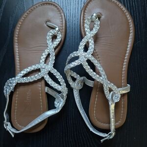 Braided Metallic Silver Toe-Ring Sandals for Women